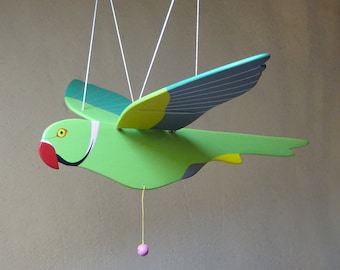 mobile oiseau volant en bois perruche verte pour décoration exotique de la maison ou chambre d' enfant