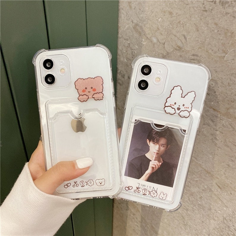 Cute Bear Cartoon Rabbit Shockproof Phone Case For iPhone 11 12 13 Pro XS Max X XR Mini 7 8 6 Plus Soft Wallet Cover Card Holder Photocard 