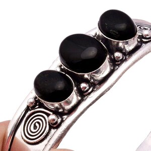 925 Sterling Silver Black Onyx Cuff Bangle, Triple Onyx Gemstone Bangle, Adjustable Handmade Boho Cuff, Statement Jewelry Gift for Women.