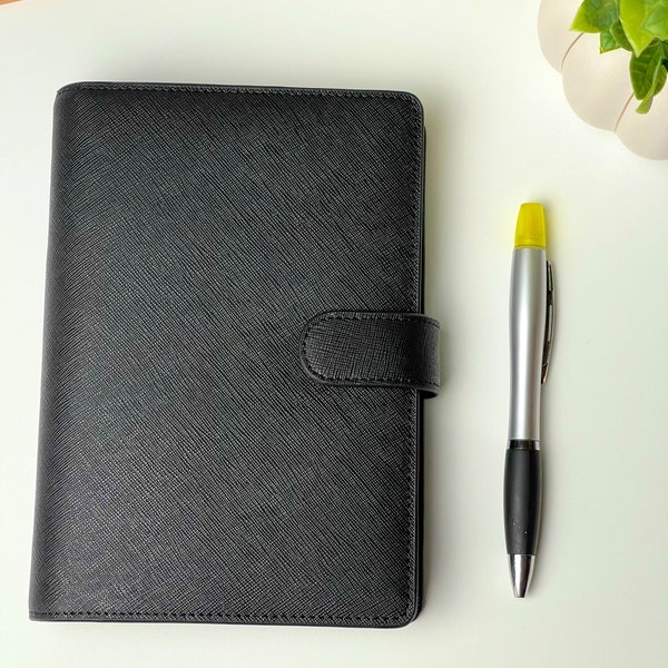 Black Saffiano Leather Planner | Six Ring Agenda | Genuine Leather