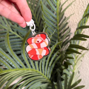 Könnte beinhalten: Ein klarer Acryl-Schlüsselanhänger mit einem Design einer zusammengerollten Schlange. Die Schlange hat rote, weiße und orangefarbene Streifen. Der Schlüsselanhänger hat einen weißen Verschluss und einen silberfarbenen Ring. Der Hintergrund ist eine grüne Blattpflanze.