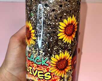 Black Lives Matter Sunflower Glitter Glass Tumbler • Handmade 16oz Iced Coffee Cup