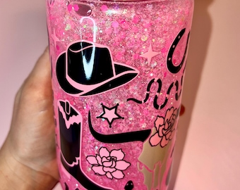 Pink Western Snow Globe Tumbler – Glow in the Dark Glitter, Cowgirl Decal Cup