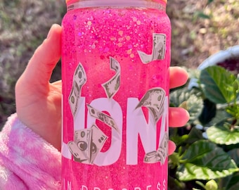 Pink Millionaire Glow-in-the-Dark Snow Globe Tumbler • 16oz Glitter Iced Coffee Cup
