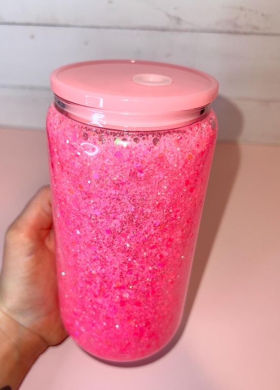 Hot Pink Snow Globe Tumbler – Glow in the Dark Glitter Cup, 16oz