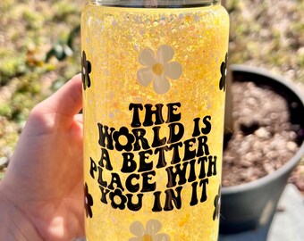 Boho Daisy Affirmation Yellow Snow Globe Tumbler | 16 oz Glitter Glass Cup