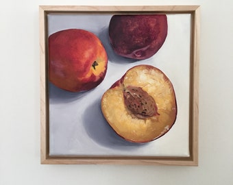 Nectarine Oil Painting by Jill Byers - original 8"x8" oil on canvas with a maple floater frame