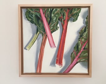 Swiss Chard Oil Painting by Jill Byers - original 8"x8" oil on canvas with a maple floater frame