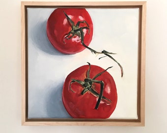 Tomato Oil Painting - original 8"x8" on canvas with maple floater frame