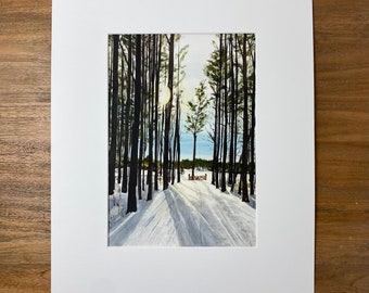 Original watercolor by Jill Byers -Cross Country Skiing Trail, Vermont