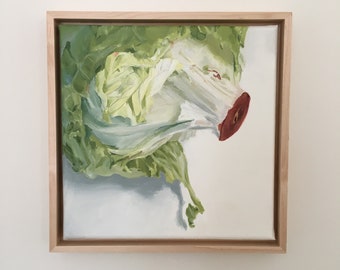 Iceburg Lettuce Oil Painting by Jill Byers - original 8"x8" oil on canvas with a maple floater frame