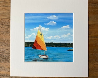 5"x5" Art Print with 8"x8"Mat - Sunfish Sailboat by Jill Byers