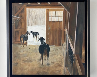Goats in a Barn Oil Painting by Jill Byers - original 10"x10" canvas with a 11.5"x11.5" weathered black floater frame