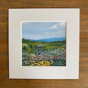 May include: A painting of a field of wildflowers in shades of pink, yellow, and white. The flowers are in the foreground, with a distant view of a mountain range in the background. The sky is blue with some white clouds.