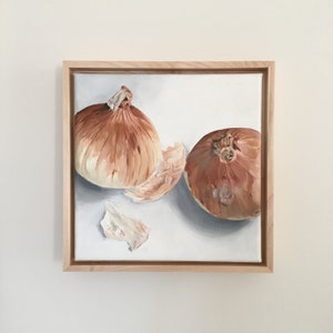 Onion Painting by Jill Byers - original 8"x8" oil on canvas with maple floater frame