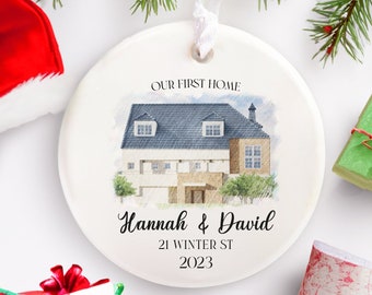 Our First Home Ceramic Ornament, Custom New Home Picture Print Christmas Keepsake, House Photo Illustration, New Address Housewarming Gift