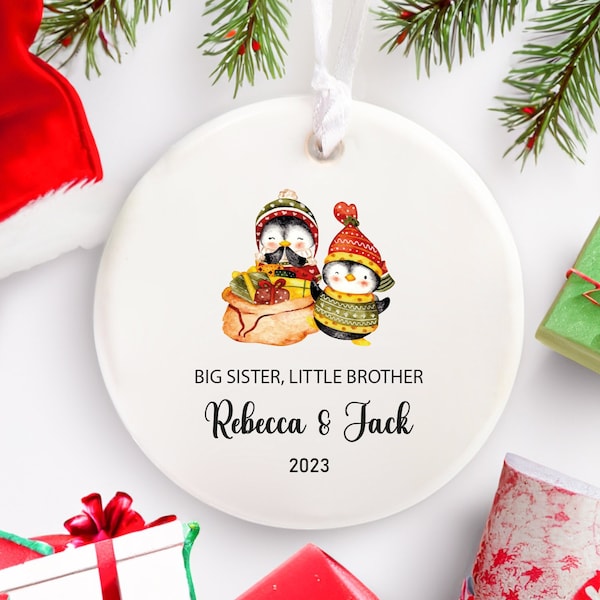 Penguin Christmas Ornament Big Sister and Little Brother, First Christmas Keepsake Sibling Ornament, Family Custom Bauble, Christmas 2023