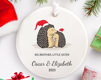 Hedgehog Christmas Ornament for Big Brother & Little Sister, Personalized Family Remembrance Christmas Tree Ceramic Bauble Decoration