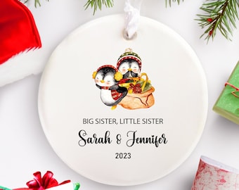 Sisters Christmas Ornament, Penguin Personalized Ornament for Sisters, Cute Christmas Ornament for Big Sister & Little Sister, Name Ornament