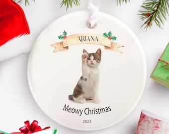 Personalized Pet Christmas Ornament, Customized Your Actual Pet Photo, Pet Lover Keepsake, Meowy Christmas, Christmas Gift for Cat Owner