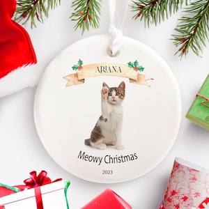 Personalized Pet Christmas Ornament, Customized Your Actual Pet Photo, Pet Lover Keepsake, Meowy Christmas, Christmas Gift for Cat Owner