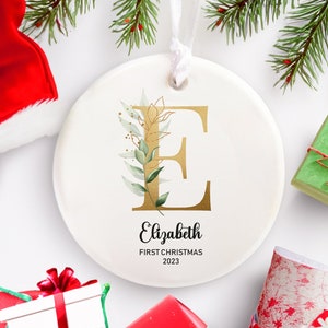 Golden Initial Letter Name Ornament, Monogram Alphabet Family Ceramic Keepsake Decoration, First Christmas New Mom Dad Baby Shower Gift 2023