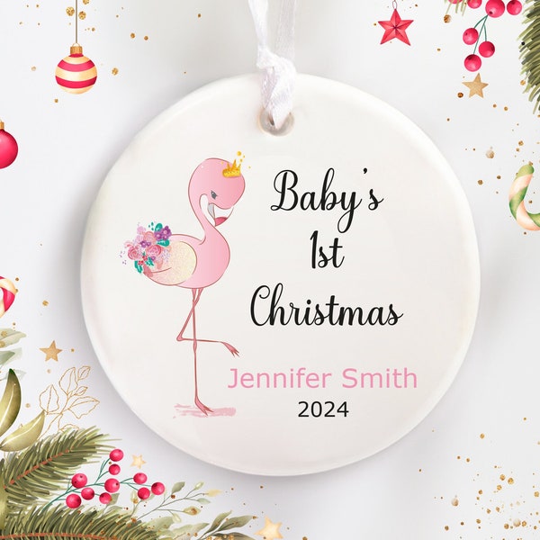 Baby Flamingo Christmas Ornament, Baby's First Christmas Ornament, Personalized Baby Name Christmas Gift, Baby Girl First Christmas Gift