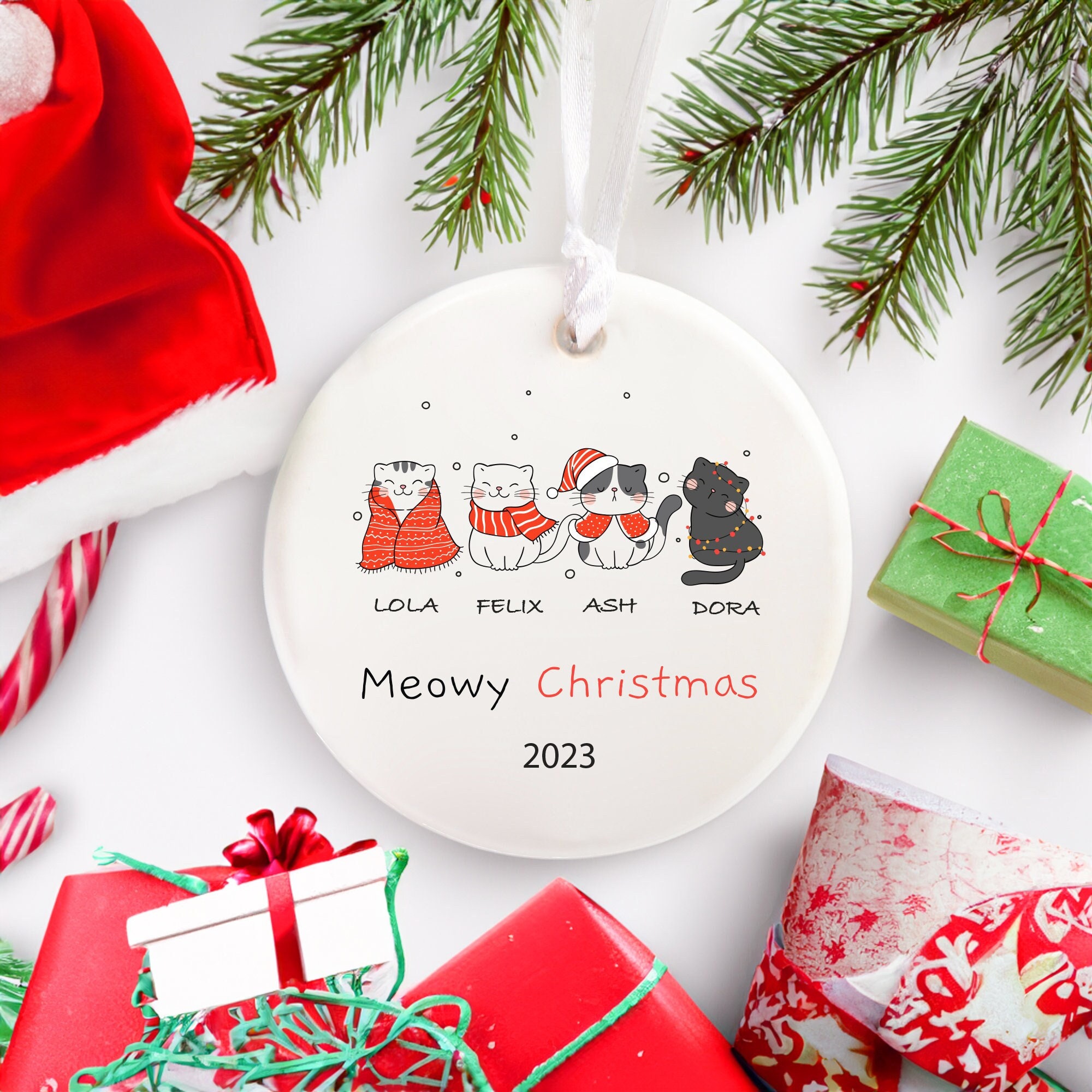 Christmas Cat Ornament, Custom Meowy Meow Catmas, Family Couple Sibling Cat Lover Cat Mom Gift, Pet Loss Memorial Sympathy Keepsake