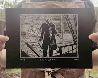 Nosferatu Linocut Block Print | Silver Ink Gothic Horror Art