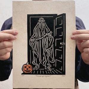 Limited Edition Handmade Halloween Lino Block Print | ‘Did you get my beer?’ | Hand Printed Linocut | Michael Myers | John Carpenter | Ghost
