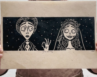 Stampa linoleografica "La sposa cadavere": romanzo dark gotico, arte fatta a mano