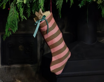 Red and Green Christmas Stocking - Traditional Christmas Striped Stocking Handwoven in Red and Green Lambswool