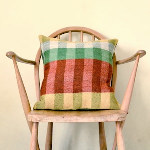 Mustard yellow striped wool cushion, hand woven from British wool inspired by Welsh Cambrian mountains and Bauhaus style