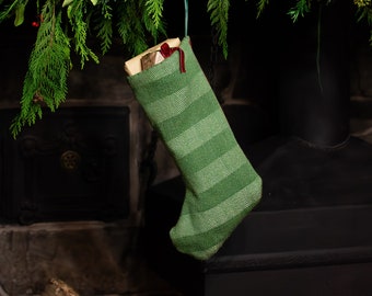 Green Striped Christmas Stocking - Traditional Christmas Striped Stocking Handwoven Green and White British Wool