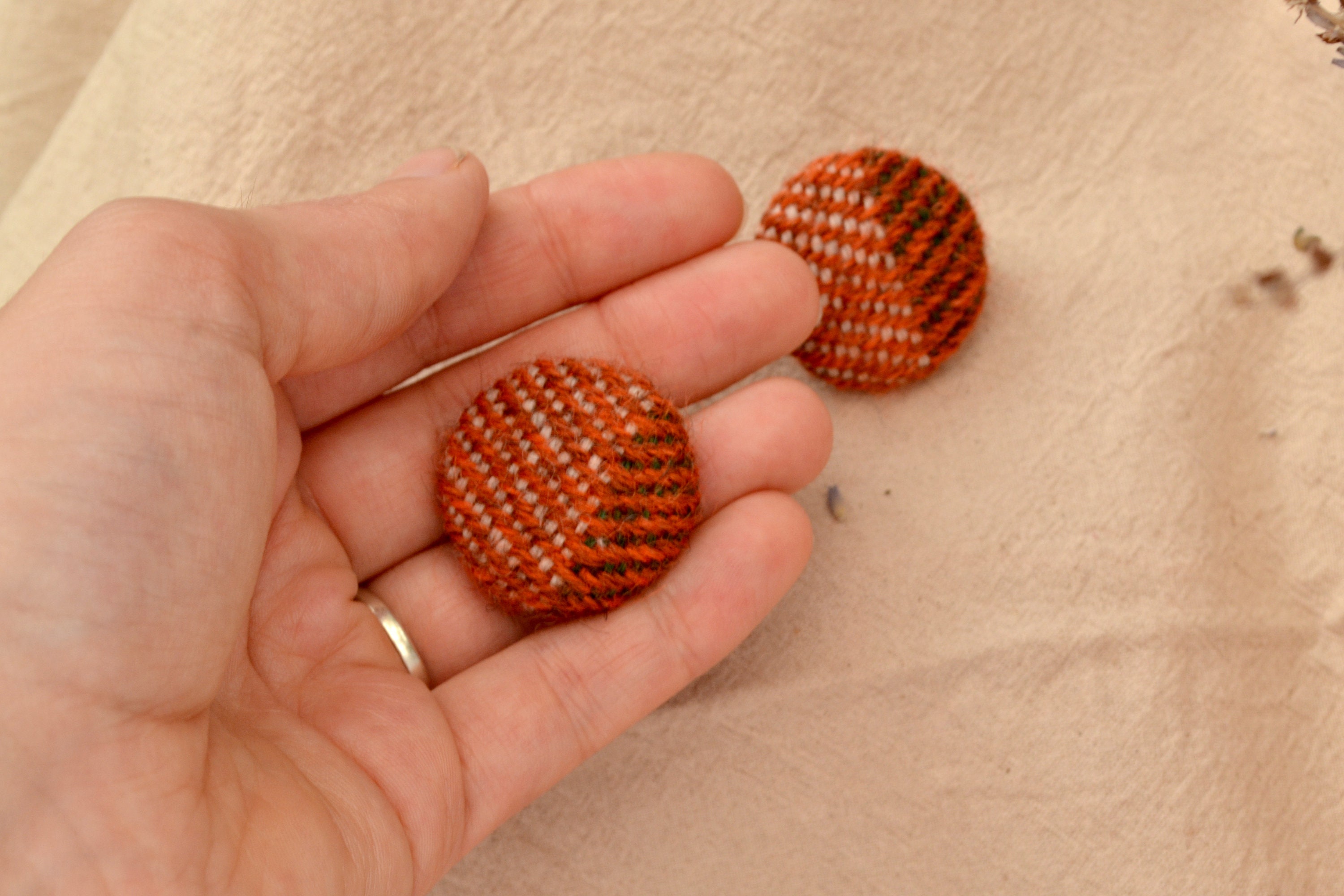 Button Earring Made From Scrap Fabric Tweed Button Fabric Etsy