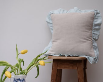 Natural Linen Cushion with Blue Ticking Stripe Ruffle for Prairie & Farmhouse Home Decor
