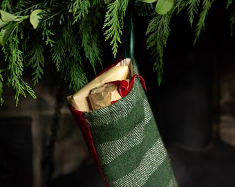 Dark Green Striped Christmas Stocking - Traditional Christmas Striped Stocking Handwoven Dark Green and Grey British Wool