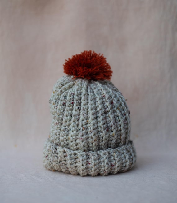 Handmade Wool Cream Knit Beanie with Orange Accent Hand Knit Coffee Beanie: Orange & Cream Hat With Faux Fur  main image 3