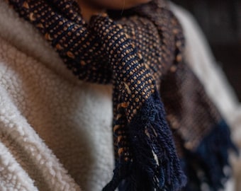 Navy Blue and Burnt Orange Wool Scarf - Hand Woven Textural Woollen Scarf