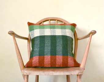 Rust and green striped wool cushion, hand woven from British wool, inspired by Welsh mountains and Bauhaus style for modern rustic home