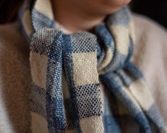 Checked Blue and Cream Wool Scarf - Hand Woven Plaid Woollen Scarf
