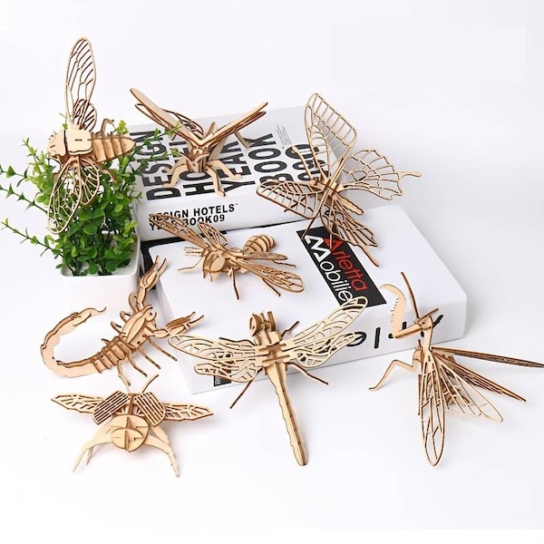 Wood Multi-Insect Animal Stereoscopic 3D Puzzle Board, Toy ,Kindergarten , Gift Creative DIY Assembly Model Dragonfly