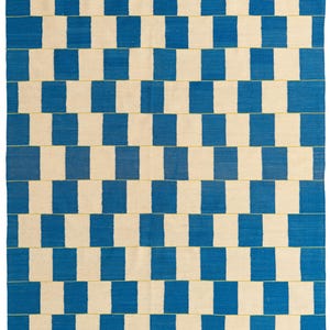 Blue Checkered Rug: Modern Geometric Flatweave,  cream and blue check, Custom Sizes