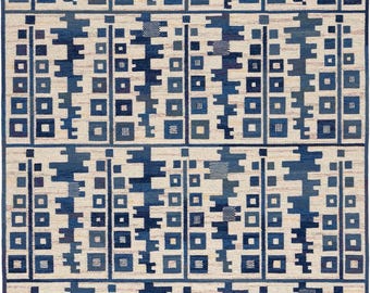 Alfombra Kilim sueca azul beige: tejido plano de lana a mano, decoración escandinava