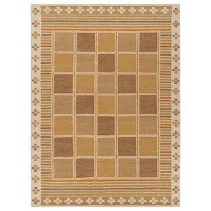 Brown Checkered Kilim Rug: Swedish-Inspired Wool Flatweave, Custom Size