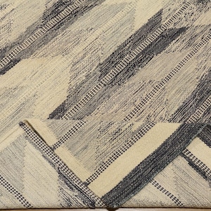 Scandinavian style Striped kilim rug: Handmade wool flatweave in beige cream and charcoal swedish