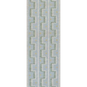 Könnte beinhalten: Ein rechteckiger Teppich mit einem sich wiederholenden geometrischen Muster. Der Teppich hat einen hellblauen Hintergrund mit vertikalen Spalten eines Zickzack-Designs in Grün, Weiß und Gelb. Der Teppich ist etwa 90 cm breit und 180 cm lang.