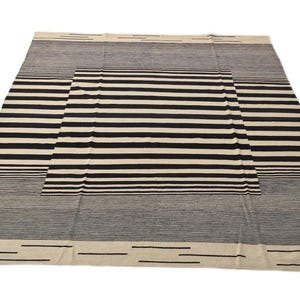 Large area rug, living room rug, bedroom rug, stripe rug, ivory and black striped rug, 8x10 wool rug, customized rug in any size 9x12 10x14.