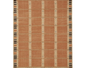 Handmade Scandinavian Kilim Rug – Nordic Knots Wool Flat-Weave – Aged Terracotta Area Rug – Custom Size