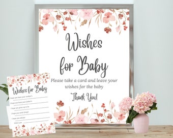 Elegant "Wishes for Baby" Sign & Cards Printable | Baby Shower Decor | Floral Design | Instant Download | Print at Home | FB1